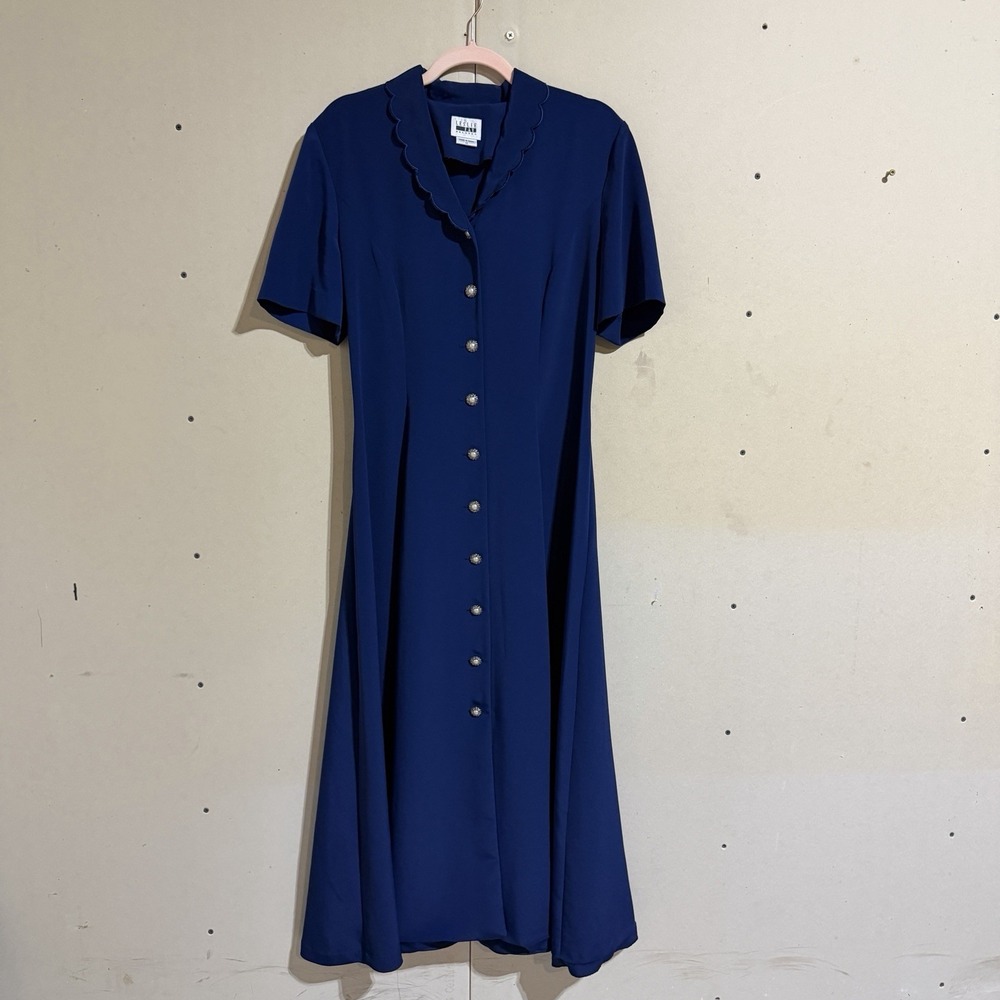 Vintage Leslie Fay Blue Midi Dress Scalloped Collar Pearl Button Back Tie 12